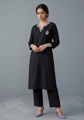 Black Embroidered Rayon Kurta Set