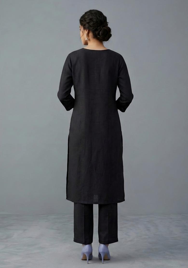 Black Embroidered Rayon Kurta Set - Indya