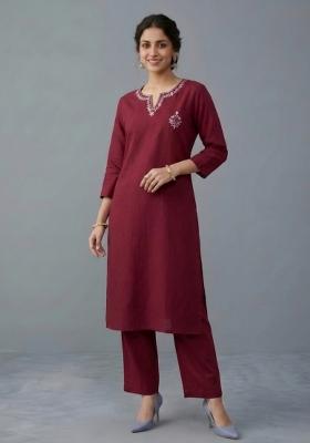 Maroon Embroidered Rayon Kurta Set