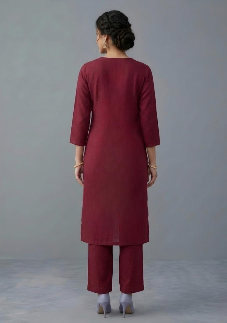Maroon Embroidered Rayon Kurta Set - Indya