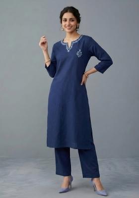 Blue Embroidered Rayon Kurta Set