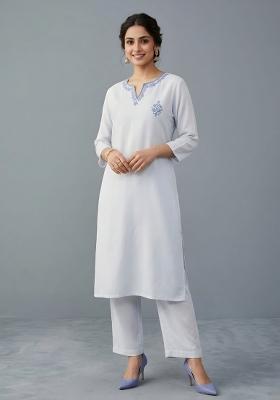 White Embroidered Rayon Kurta Set