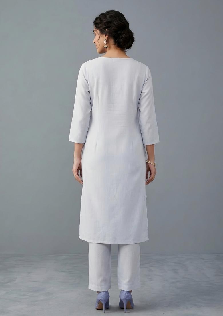 White Embroidered Rayon Kurta Set - Indya