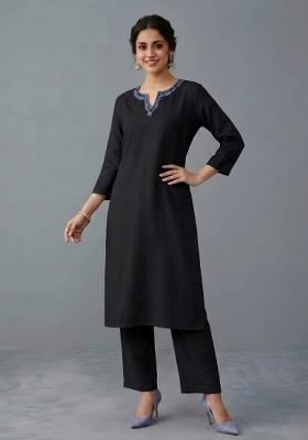 Black Embroidered Rayon Kurta Set