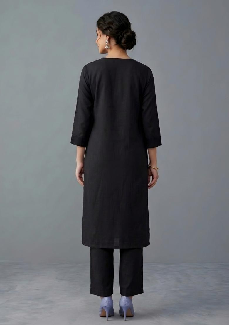 Black Embroidered Rayon Kurta Set - Indya