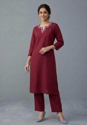 Maroon Embroidered Rayon Kurta Set