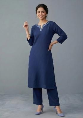 Blue Embroidered Rayon Kurta Set