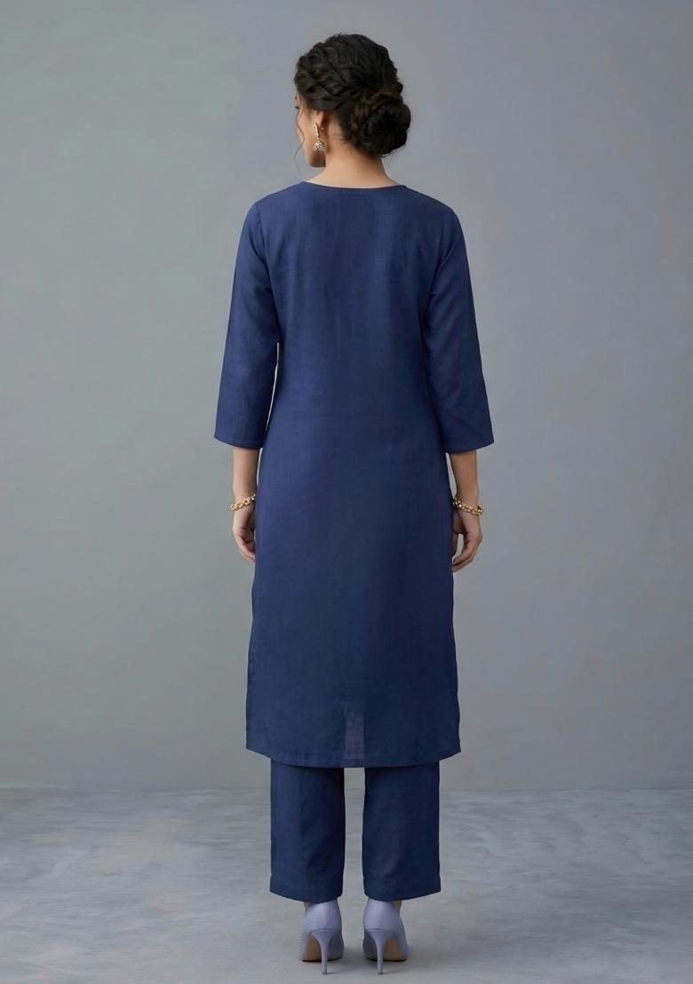 Blue Embroidered Rayon Kurta Set - Indya
