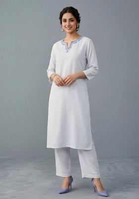 White Embroidered Rayon Kurta Set