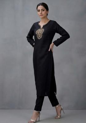 Black Embroidered Rayon Kurta Set