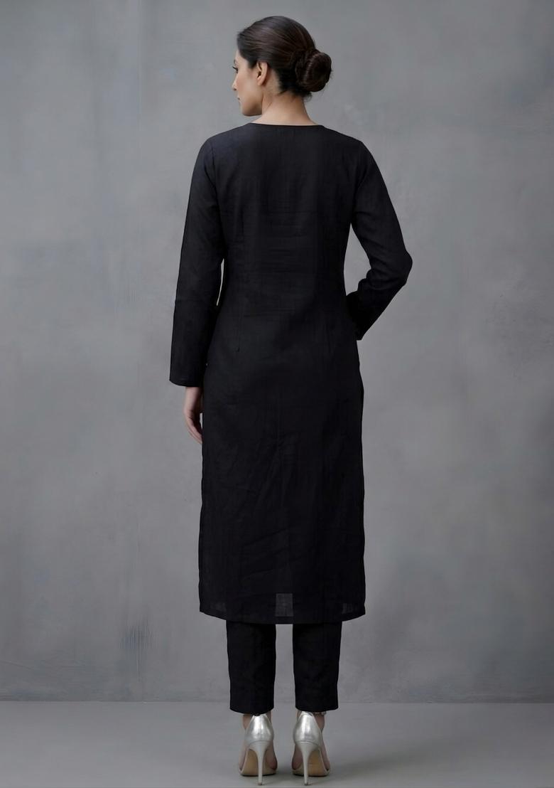 Black Embroidered Rayon Kurta Set - Indya