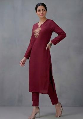 Maroon Embroidered Rayon Kurta Set