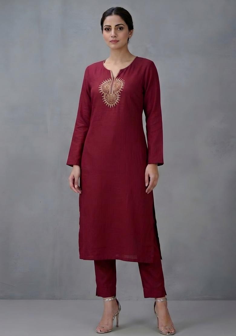 Maroon Embroidered Rayon Kurta Set - Indya