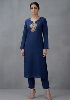 Blue Embroidered Rayon Kurta Set