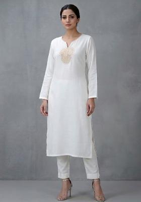 White Embroidered Rayon Kurta Set