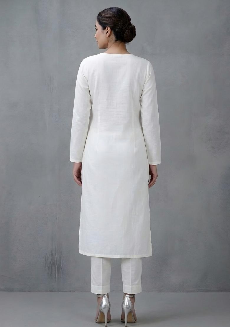 White Embroidered Rayon Kurta Set - Indya