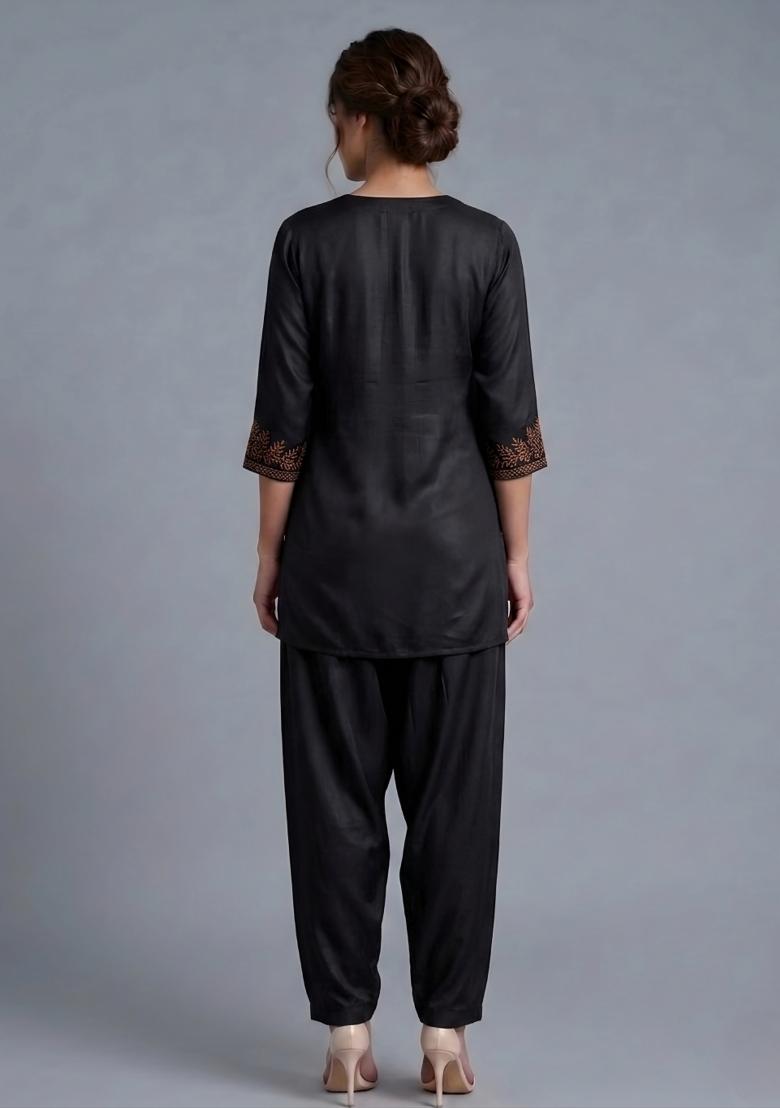 Black Embroidered Rayon Kurta Set - Indya