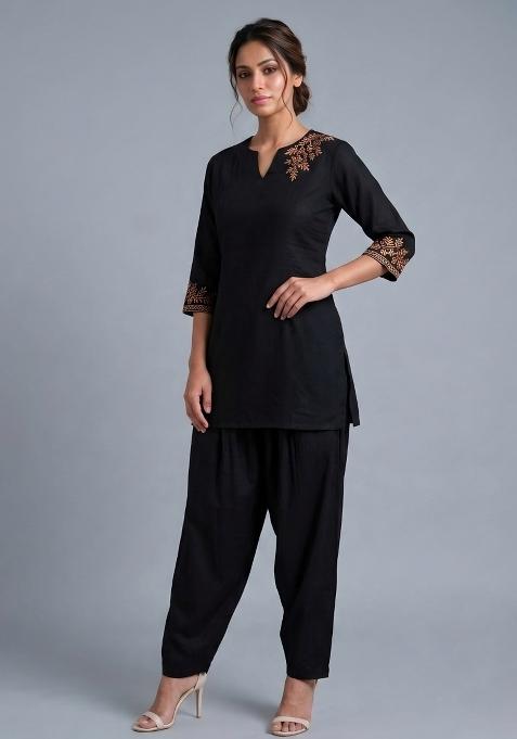 Black Embroidered Rayon Kurta Set