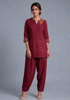 Maroon Embroidered Rayon Kurta Set