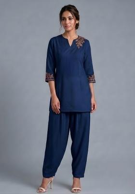 Blue Embroidered Rayon Kurta Set