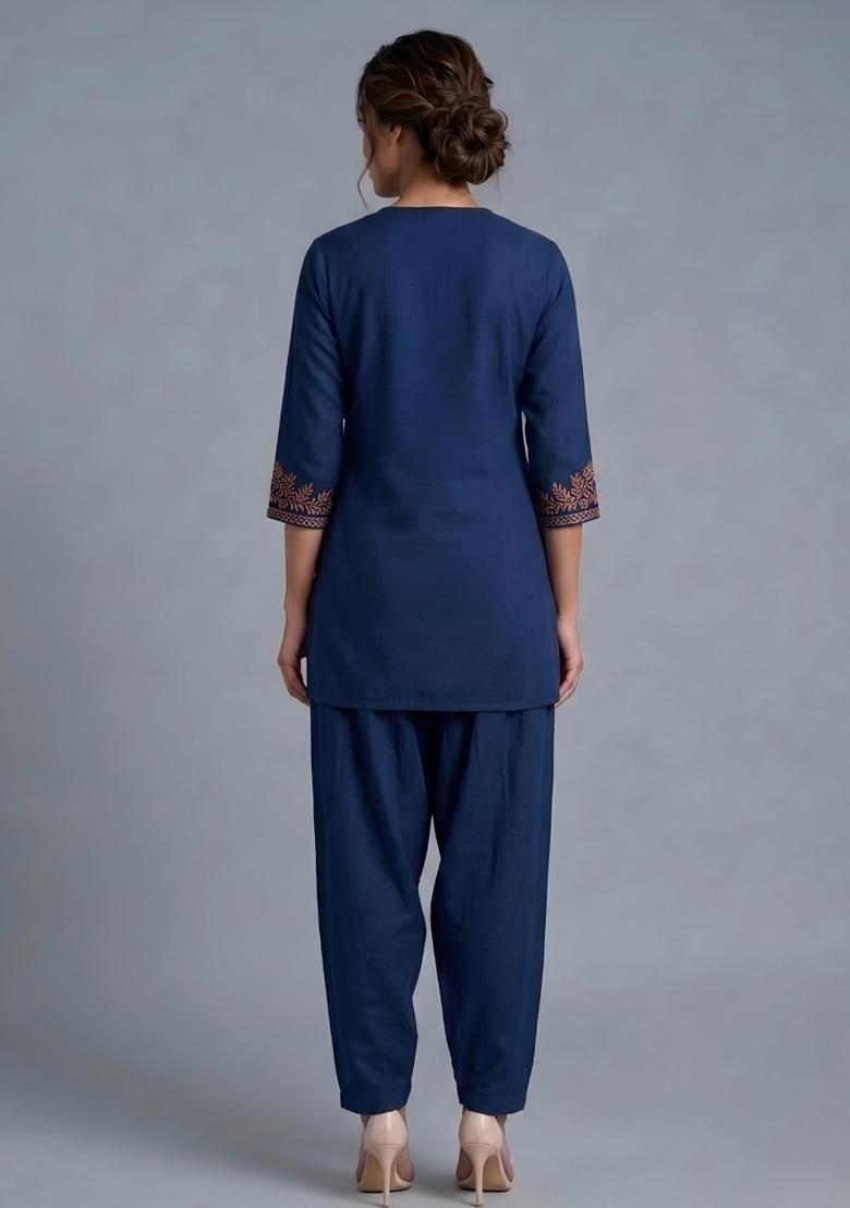 Blue Embroidered Rayon Kurta Set - Indya