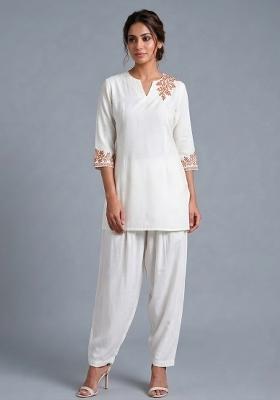White Embroidered Rayon Kurta Set