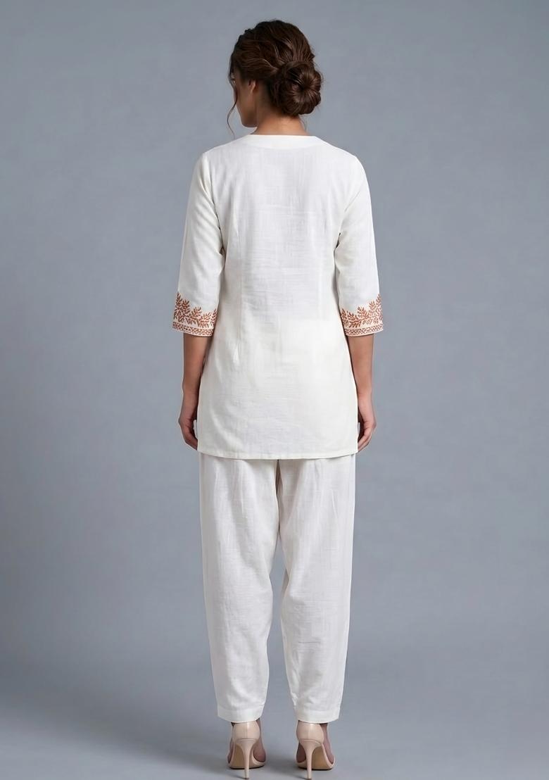 White Embroidered Rayon Kurta Set - Indya