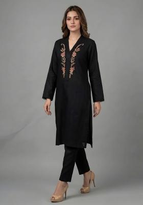 Black Embroidered Rayon Kurta Set