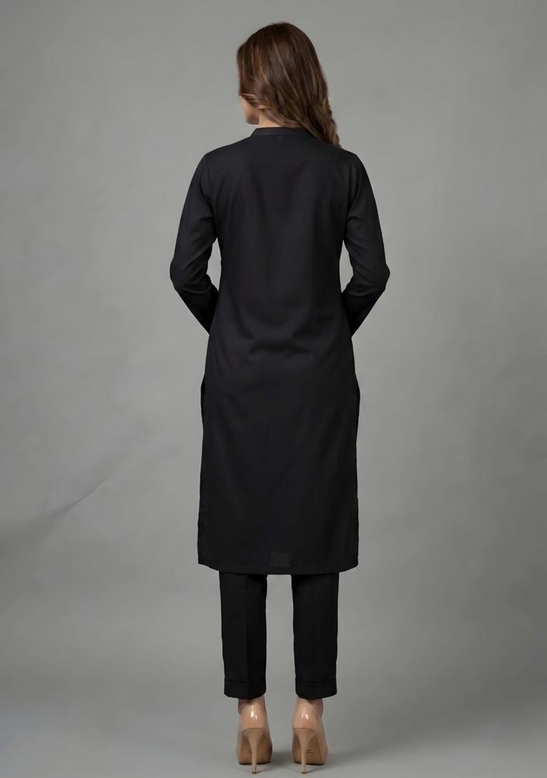 Black Embroidered Rayon Kurta Set - Indya
