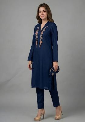 Blue Embroidered Rayon Kurta Set