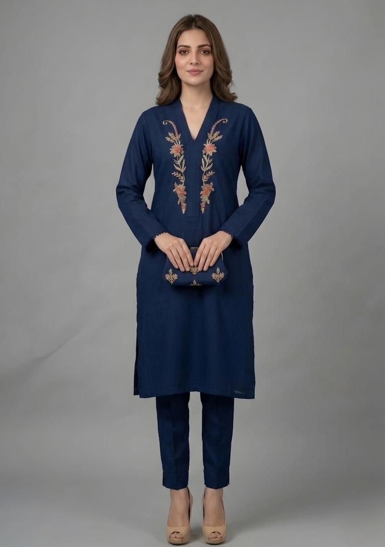 Blue Embroidered Rayon Kurta Set - Indya