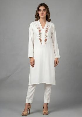 White Embroidered Rayon Kurta Set