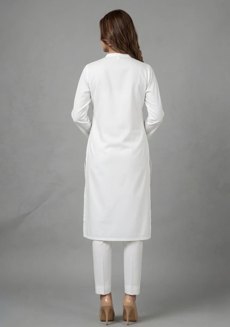 White Embroidered Rayon Kurta Set - Indya