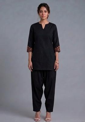 Black Embroidered Rayon Kurta Set