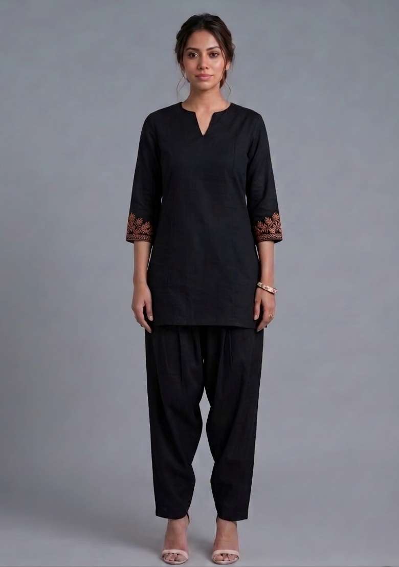 Black Embroidered Rayon Kurta Set - Indya