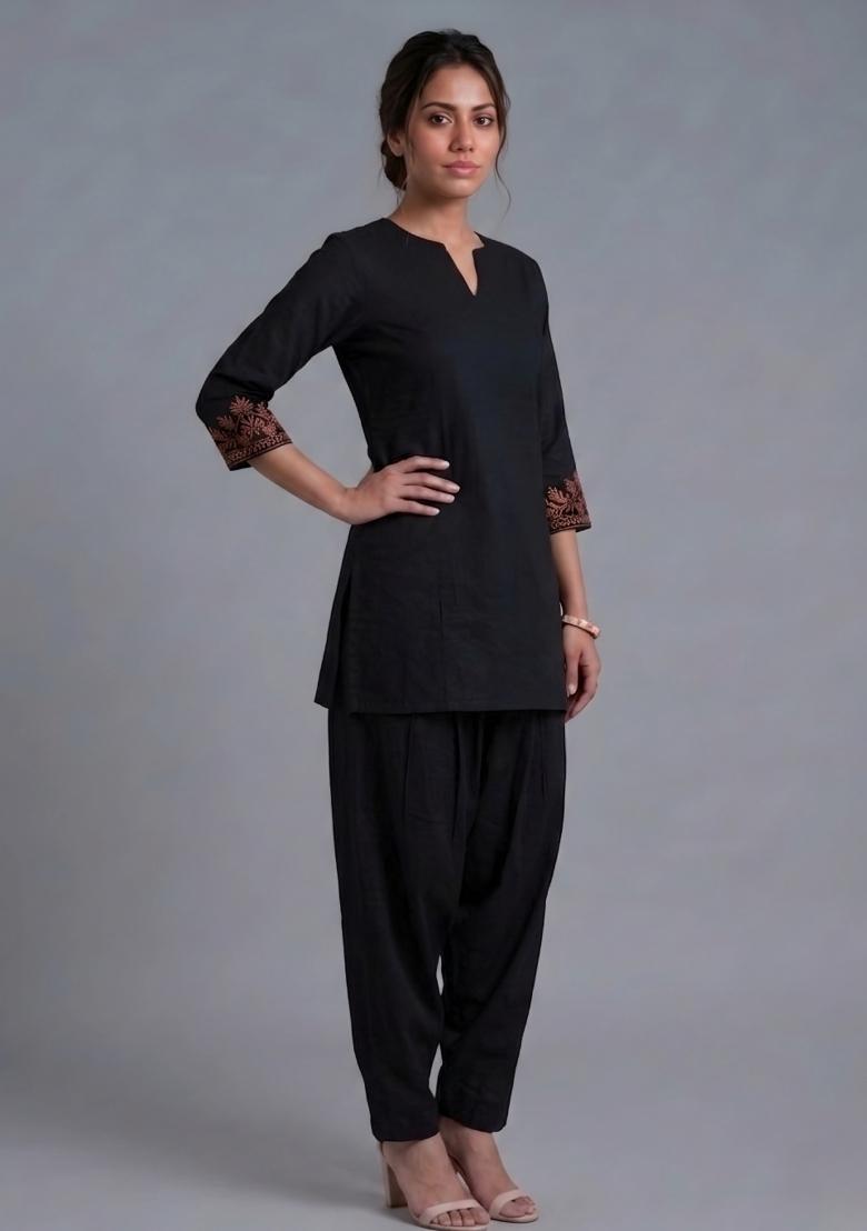 Black Embroidered Rayon Kurta Set - Indya