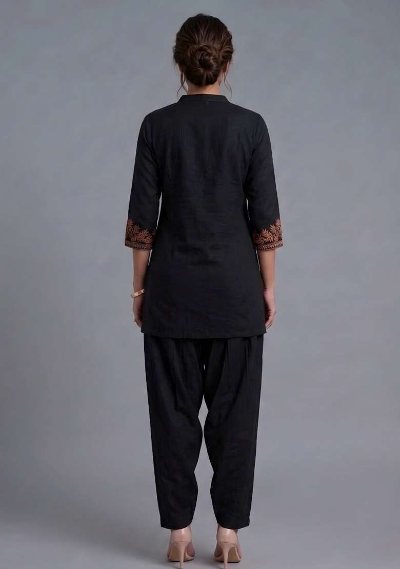 Black Embroidered Rayon Kurta Set - Indya