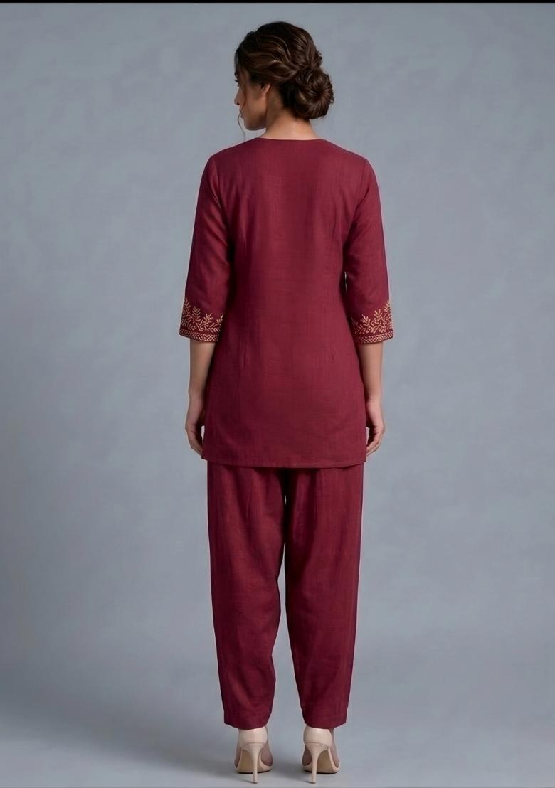 Maroon Embroidered Rayon Kurta Set - Indya