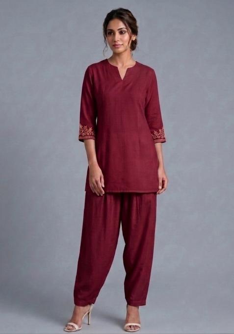 Maroon Embroidered Rayon Kurta Set