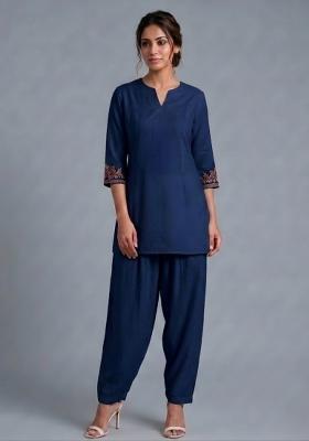 Blue Embroidered Rayon Kurta Set