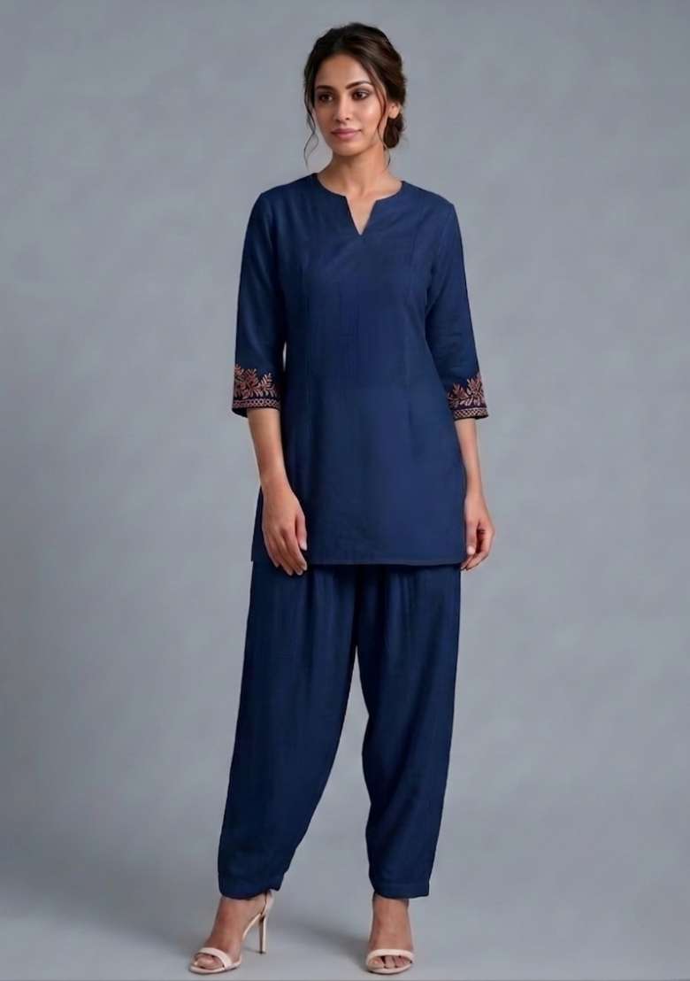 Blue Embroidered Rayon Kurta Set - Indya