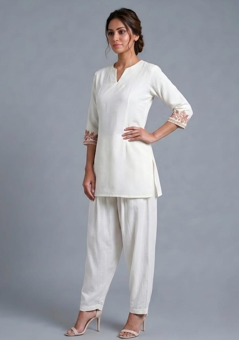 White Embroidered Rayon Kurta Set - Indya