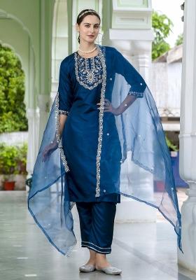 Teal Blue Embroidered Silk Blend Kurta Set