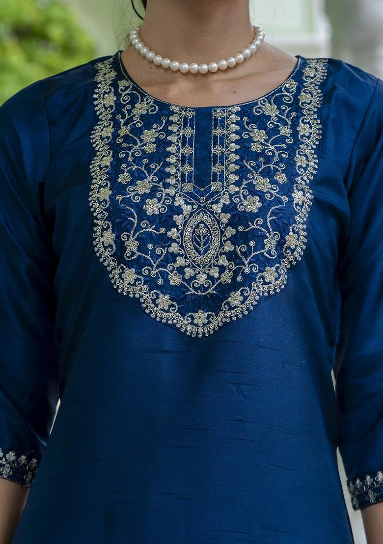 Teal Blue Embroidered Silk Blend Kurta Set - Indya