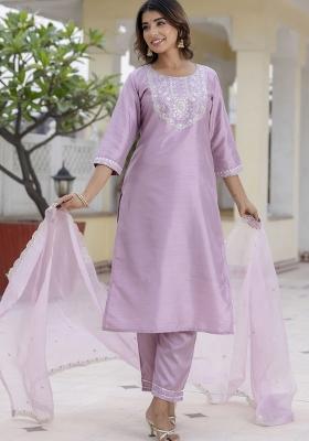 Lavender Embroidered Silk Blend Kurta Set