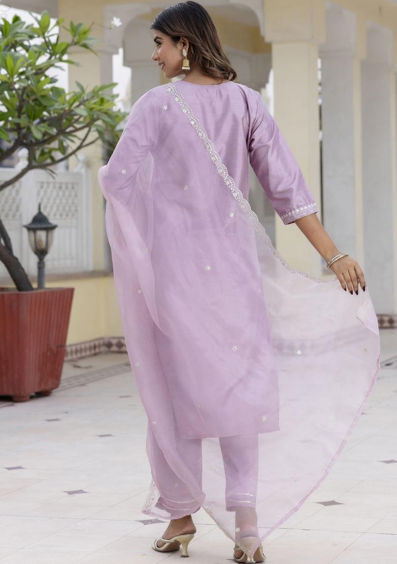 Lavender Embroidered Silk Blend Kurta Set - Indya