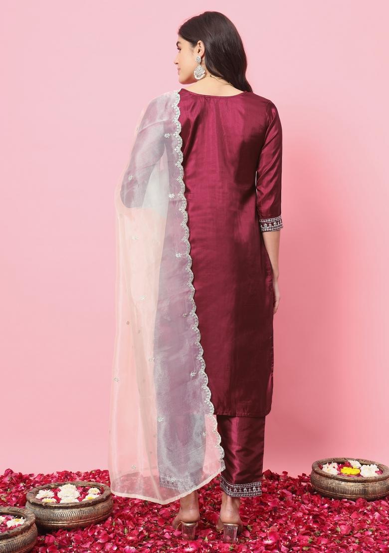 Cherry Red Embroidered Silk Blend Kurta Set - Indya