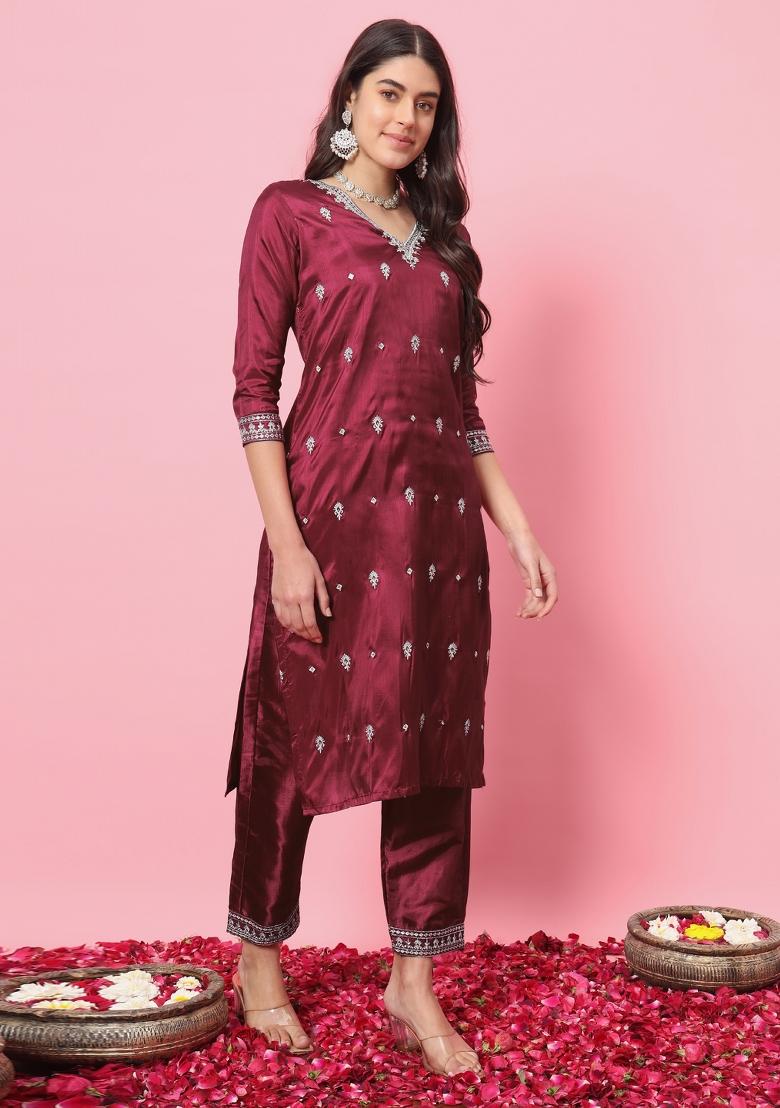 Cherry Red Embroidered Silk Blend Kurta Set - Indya