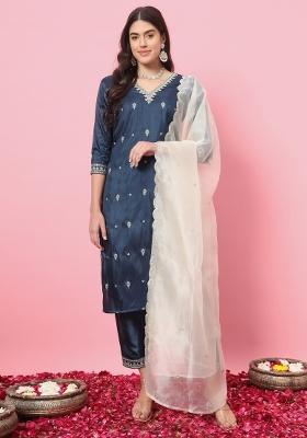 Teal Blue Embroidered Silk Blend Kurta Set