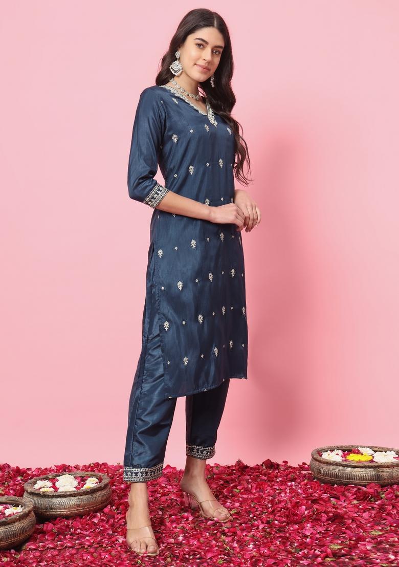 Teal Blue Embroidered Silk Blend Kurta Set - Indya